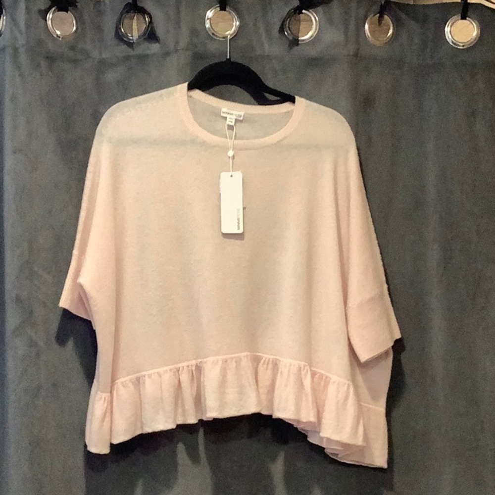 Minnie Rose Short Sleeve Ruffle Hem Cashmere Sweater